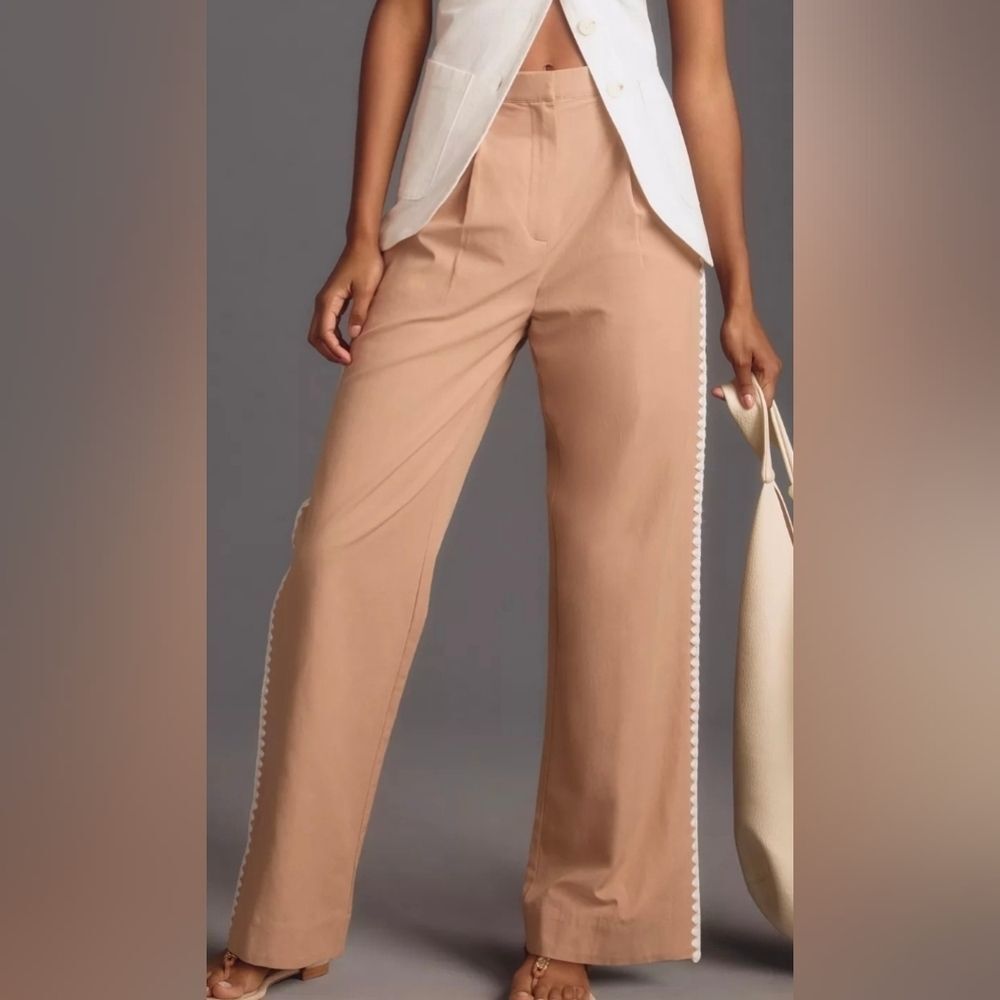 Anthropologie Mon Renn Lisle Pants In Biscuit  Embroidered Wide Leg Trouser Sz 8